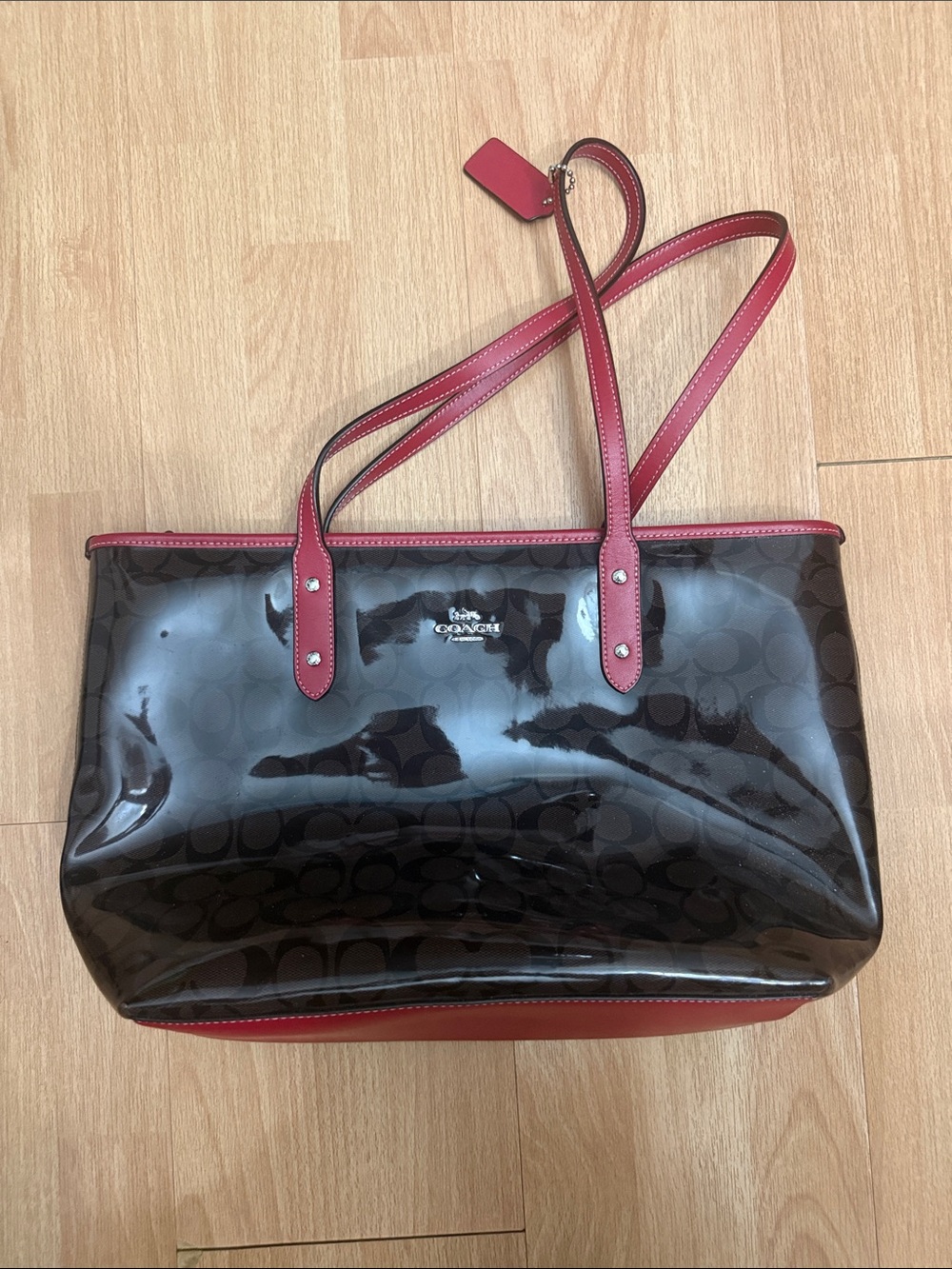Coach Glossy Signature Tote in Black with Red Trim